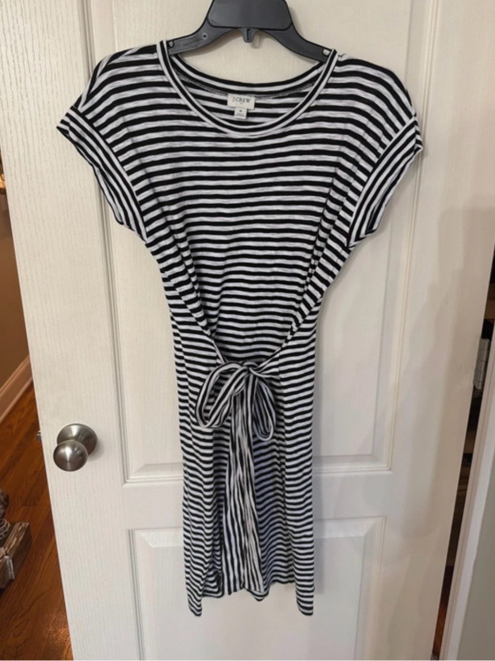 J. Crew Black & White Striped Tie-Waist Midi Dress